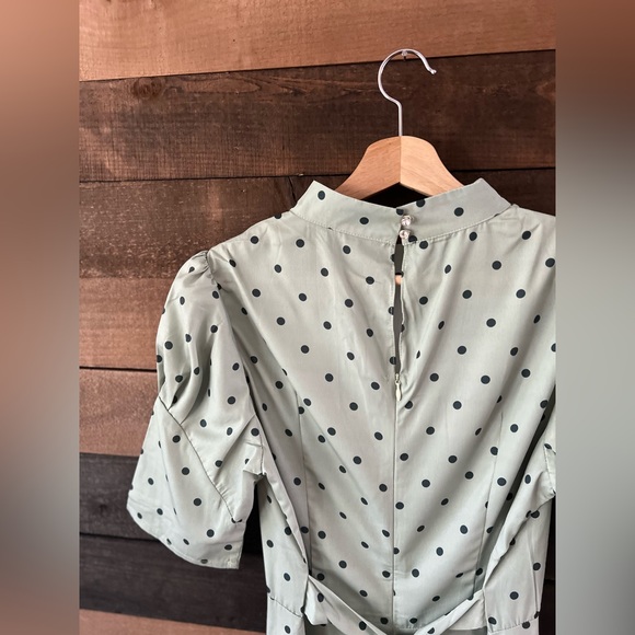 ZAPAKA Sage Green Polka Dot Puff Sleeve Midi Dress Cottagecore Inspired - Picture 6 of 11